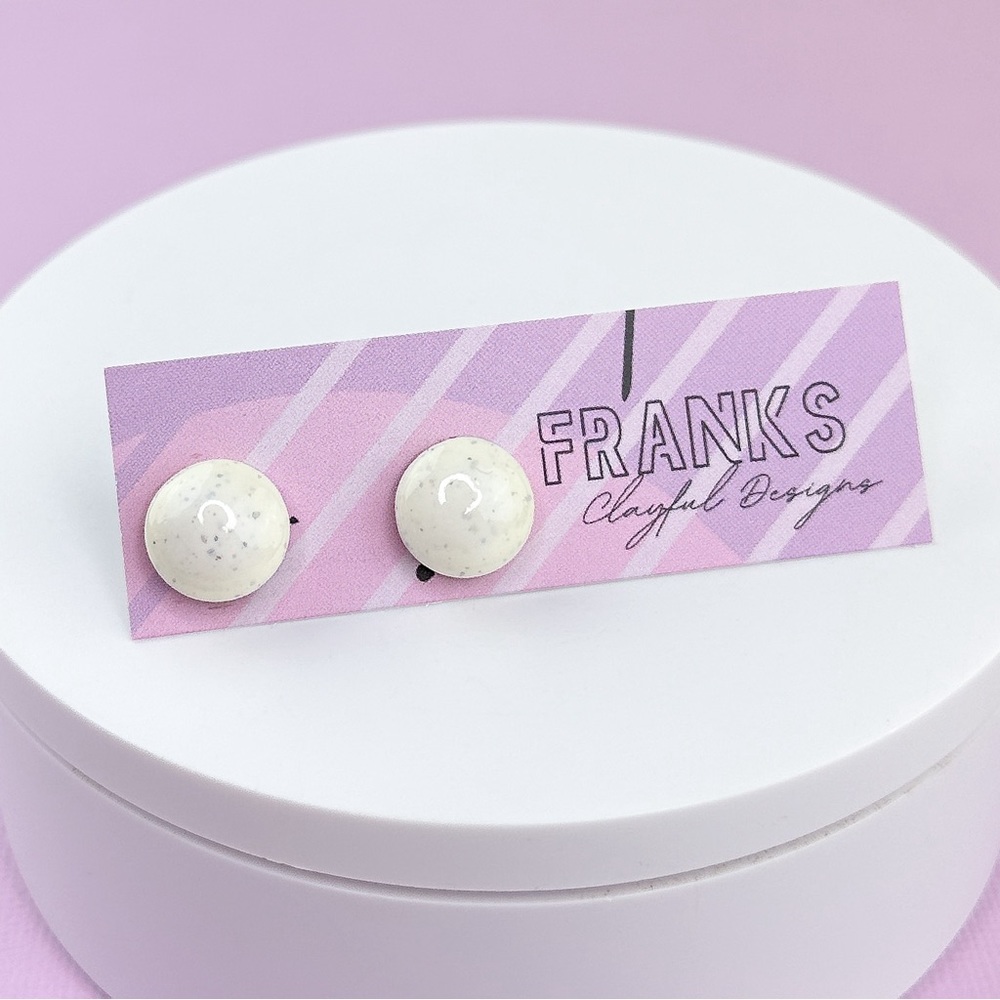 Round White Glossy Handmade Polymer Clay Small Stud Earrings